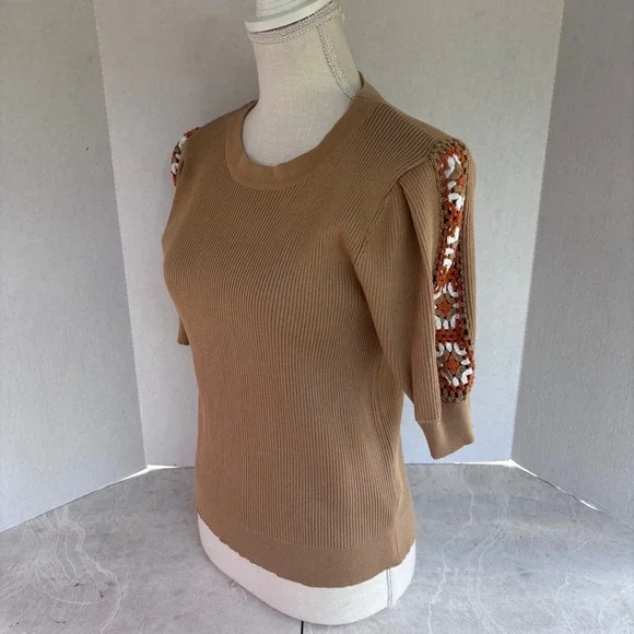 Nanette Nanette Lepore Large New Ribbed Knit Crochet Sleeve Top Shirt Women's - Picture 2 of 11